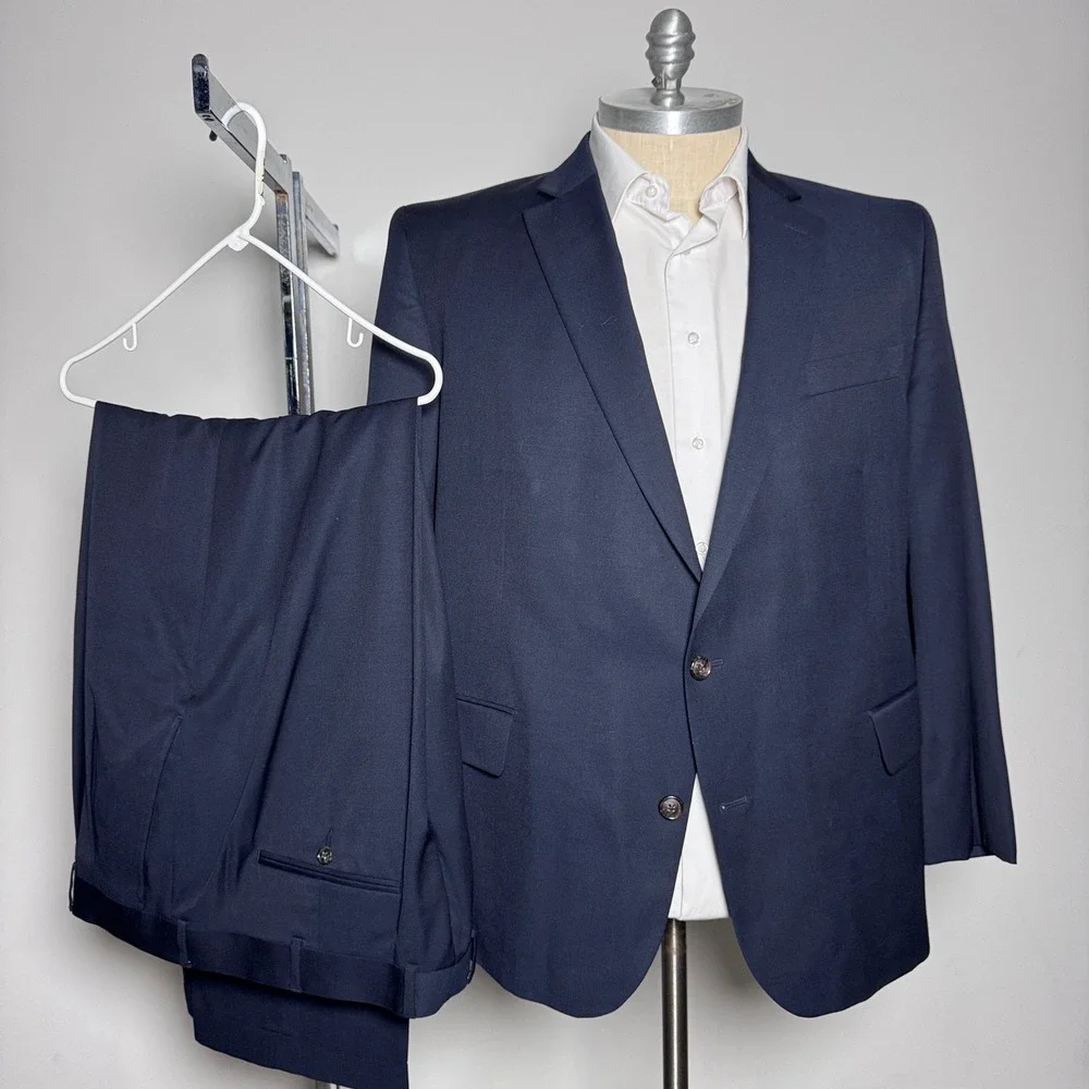 Stafford Travel Suit Mens 48PTREG 42x31 Navy Blue Solid‎ Portly Fit Wool Blend